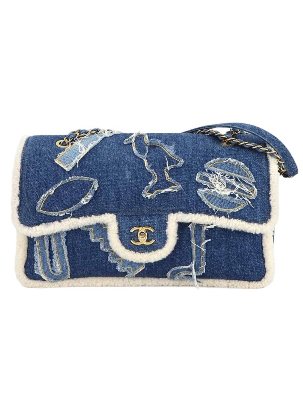 Chanel Egypt Chain Shoulder Bag Denim Shearling Blue Gold
